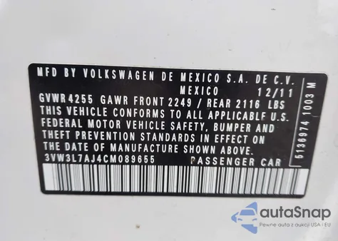 2012 Volkswagen Jetta 2.0L Tdi z USA, uszkodzony, nr VIN 3VW3L7AJ4CM089655